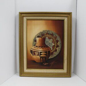 Mid-Century Native American Inspired Basket & Pottery Oil Painting Canvas Signed